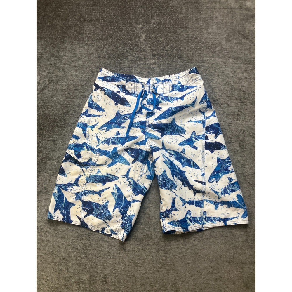 L.L. Bean Swim Trunks Boys 18 White Blue Shark Print Beach Wear Drawstring Waist